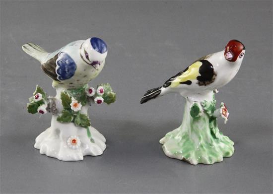Two Derby models of a blue tit and a goldfinch, c.1765-70, h. 7cm, restorations
